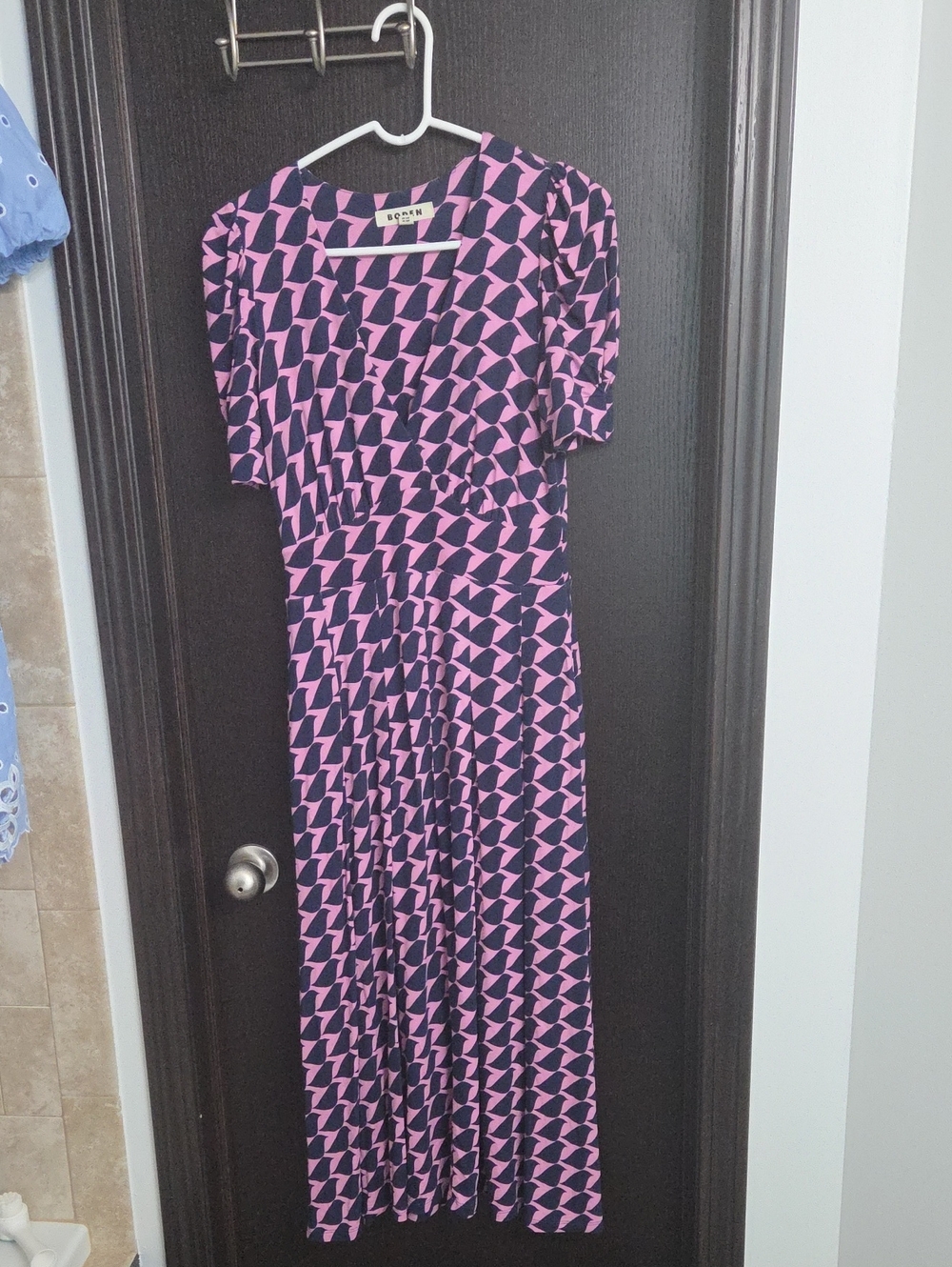 Boden Pink Navy Kristin Pleated Jersey Maxi Dress